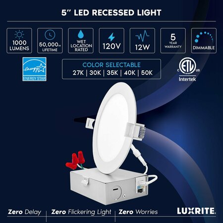 Luxrite 5 Inch Ultra Thin LED Recessed Downlights 5CCT 2700K-5000K 12W 1000LM Dimmable IC Rated, 4PK LR23749-4PK